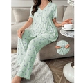 Floral maternity pajama set in light green with adjustable elastic waistband design - Green