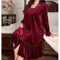 Elegantes weinrotes Samt-Nachthemd mit Spitze und langen Ärmeln für Damen im Winter - 0XL / Burgunderrot