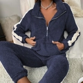 Detail of navy fleece pajama set with white stripes and zipper collar texture - S / Royal Blue