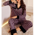Conjunto de pijama para mujer con rayas verticales rosa y negro y cuello de solapa - S / Rayas Rosas y Negras