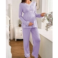 Detail of lavender maternity loungewear featuring lace V-neck and soft ribbed fabric - Purple