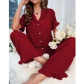 Women's wine red crinkle fabric pajama set with short sleeve lapel top and ruffled pants - S / Top And Bottom / Burgundy