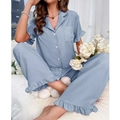 Light blue short sleeve women's pajama set with ruffled trim and button-down collar - S / Top And Bottom / Blue