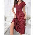 Burgundy V-neck lace patchwork nightdress in glossy fabric shown on model in bedroom - Burgundy