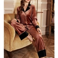 Women's vintage rust velvet pajama set with black contrast lapels and gold piping details - S / Coffee Brown