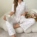Women's floral pajama set with short sleeve button shirt and pants in cream and pink - S / Off-white Pink Floral