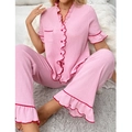 Roze korte pyjama set voor dames met rode golvende randen en knoopsluiting aan de top - S / Roze