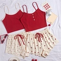 Women summer pajama set with red ribbed camisole and floral print shorts loungewear - S / Red and White (Cherry Heart 4-Piece Set)