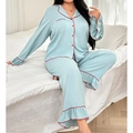 Pigiama da donna azzurro con profili rossi, top con bottoni e dettagli con volant - 1XL / Verde Menta