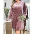 Elegant plus size velvet nightgown in dusty rose with lace V-neck and pearl buttons - 1XL / Lotus root pink