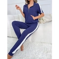 Zweiteiliges Damen-Hausanzug-Set in Dunkelblau mit halbem Reißverschluss und Streifen - S / Blau