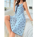 Camicia da notte sexy azzurra con stampa a cuori, fiocco nero e bordo a volant da donna - S / Blu Cuore Nero