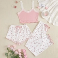 Rosa Spitzen-Top mit Blumen-Shorts und Hose im 3-teiligen Loungewear-Set für Damen - S / Rosa