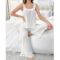 Conjunto de pijama blanco de dos piezas con puntos de jacquard y encaje suave - S / Blanco