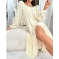 Elegant off-white long sleeve square neck loungewear dress with textured vertical ribbing - S / Apricot