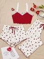 Dreiteiliges Schlafanzug-Set mit weinrotem Spitzentop und rot geblümter Hose sowie Shorts - S / Rot