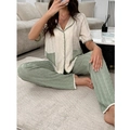 Conjunto de pijama de dos piezas con pantalón verde salvia texturizado y top crema a juego - S / Contraste Crema/Verde Salvia