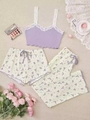 Detaillierte Flachbildansicht des 3-teiligen lila Blumen-Schlafanzug-Sets mit Spitze - S / Hellviolett