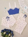 Ensemble pyjama 3 pièces fleuri avec caraco en dentelle et détails de nœuds en ruban - Bleu-20