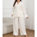 Elegant cream pleated pajama set with long sleeves and ruffled lace cuffs in home setting - 1XL / Beige