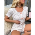 Ensemble pyjama fleuri pour femme avec bordure en dentelle et nœud en deux pièces d'été - S / Blanc