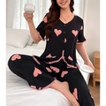 Damen Schlafanzug-Set mit Herz-Print, kurzärmeligem Oberteil und langer Hose in Schwarz - S / Oberteil Und Unterteil / Schwarz
