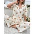 Pigiama da donna due pezzi con maglia a maniche corte e pantaloni con stampa di orsi - S / Bianco Sporco