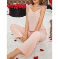 Elegant two-piece pink silk pajamas set with lace trim and pearls for women - S / Top And Bottom / Pink
