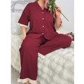 Women's burgundy V-neck pajama set with short sleeve top and long pants in crinkled fabric - 3XL / Burgundy