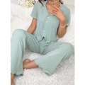 Conjunto de pijama para mujer con cuello en V, volantes y pantalón largo verde claro - S / Verde