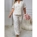 Pijama floral de mujer con parte superior de manga corta y pantalón con volantes - 3XL / Blanco Roto Floral Rosa