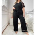 Dames pyjamaset grote maat zwart met kanten details en comfortabele korte mouwen broek - 1XL / Zwart