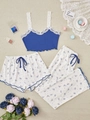 Women's 3-piece floral pajama set with royal blue lace camisole and striped print pants - White with Blue Floral