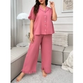 Plus Size Schlafanzug-Set in Rosa mit kurzen Ärmeln, Reverskragen und Spitze für Damen - 1XL