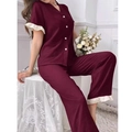 Detail view of burgundy V-neck pajama set with white lace trim and ruffle cuffs - S / Burgundy