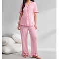 Set pigiama premaman rosa a due pezzi con polsini a volant e top con scollo a V - S / Rosa