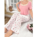 Set lounge da donna con top rosa in pizzo e pantaloni con stampa floreale dolce - S / Rosa