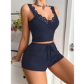 Dettaglio del pigiama blu navy a coste con pizzo delicato e coulisse in vita - S / Blu Reale