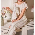 Conjunto de pijama floral para mujer con top de manga corta y pantalón largo estilo retro - S / Beige Rosa Floral