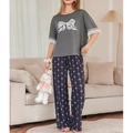 Pyjama deux pièces pour femme avec haut à manches courtes en dentelle et pantalon bleu - S / Gris et Bleu Marine
