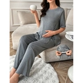 Umstandspyjama-Set in Grau mit kurzärmeligem Oberteil und verstellbarer weiter Hose für Damen - S / Grau