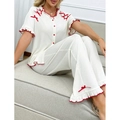 Pyjama femme crème en maille côtelée avec bordures rouges à volants et nœuds - S / Abricot