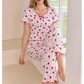 Pigiama da donna con stampa a cuori rossi, top a maniche corte e pantaloni lunghi - S / Rosso