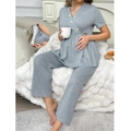 Cómodo conjunto de pijama premamá gris con cuello en V y cintura elástica ajustable - S / Gris