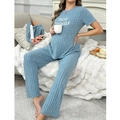 Set premaman azzurro con maglia a maniche corte stampata e pantaloni con vita regolabile - S / Blu