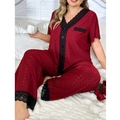 Close-up of deep red pajama set featuring elegant black lace trim and textured fabric - 0XL / Burgundy