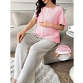 Short sleeve pleated maternity pajamas set with pink button top and grey wide leg pants - Pink