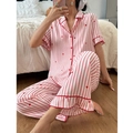 Damen Schlafanzug-Set mit Herzmuster und Streifen, kurzärmeliges Oberteil und lange Hose - S / Rosa