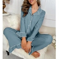 Women's light blue ruffle sleeve pajama set with contrast piping and button-down collar - S / Blue