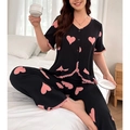 Conjunto de pijama para mujer con cuello en V, estampado de corazones y encaje - S / Negro